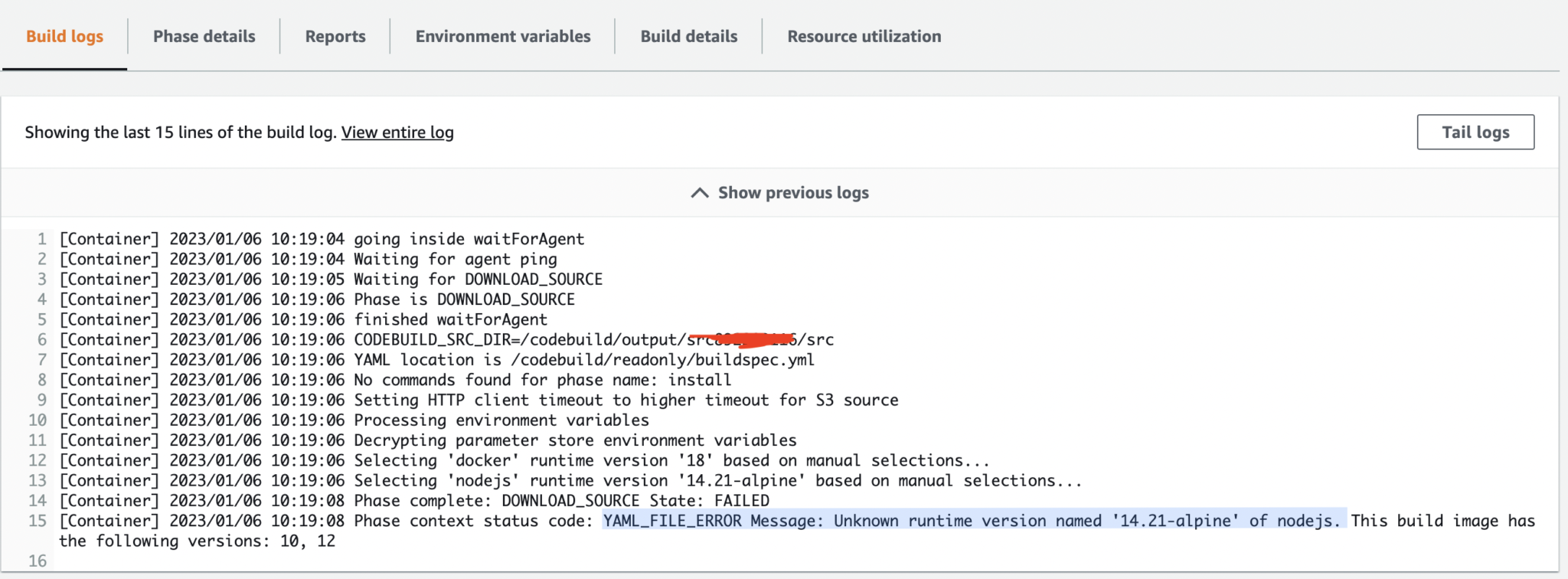 AWS CodeBuild Unknown Runtime Version Error